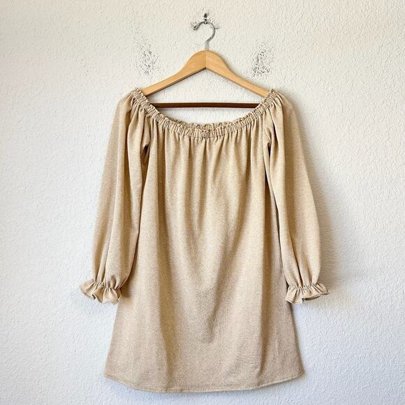 LULI FAMA Cosita Buena Mini Dress Nude Metallic Off The Shoulder Knit - Picture 1 of 9
